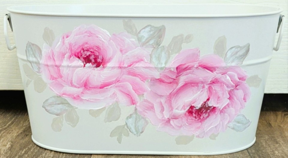 Painted Red Roses ROSES BUCKET Metal Hand Painted Shabby Chic Pink Cottage Farmhouse Hp ...