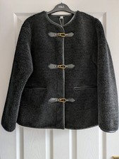 M&S Black Faux Fur Borg Buckle Trim Coat Jacket UK Size Extra Small BNWT