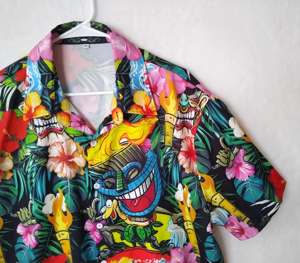 Camisa Hawaiana Rostros Máscaras Flores Tropicales Para Hombre XL Antorchas Coloridas Divertidas... Foto 4 de 4