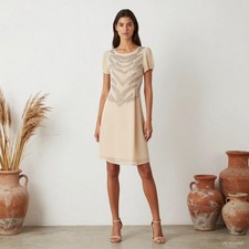 Evening Glam Knee Length Dress Beige Chiffon Pencil Short Sleeve Studded US 6
