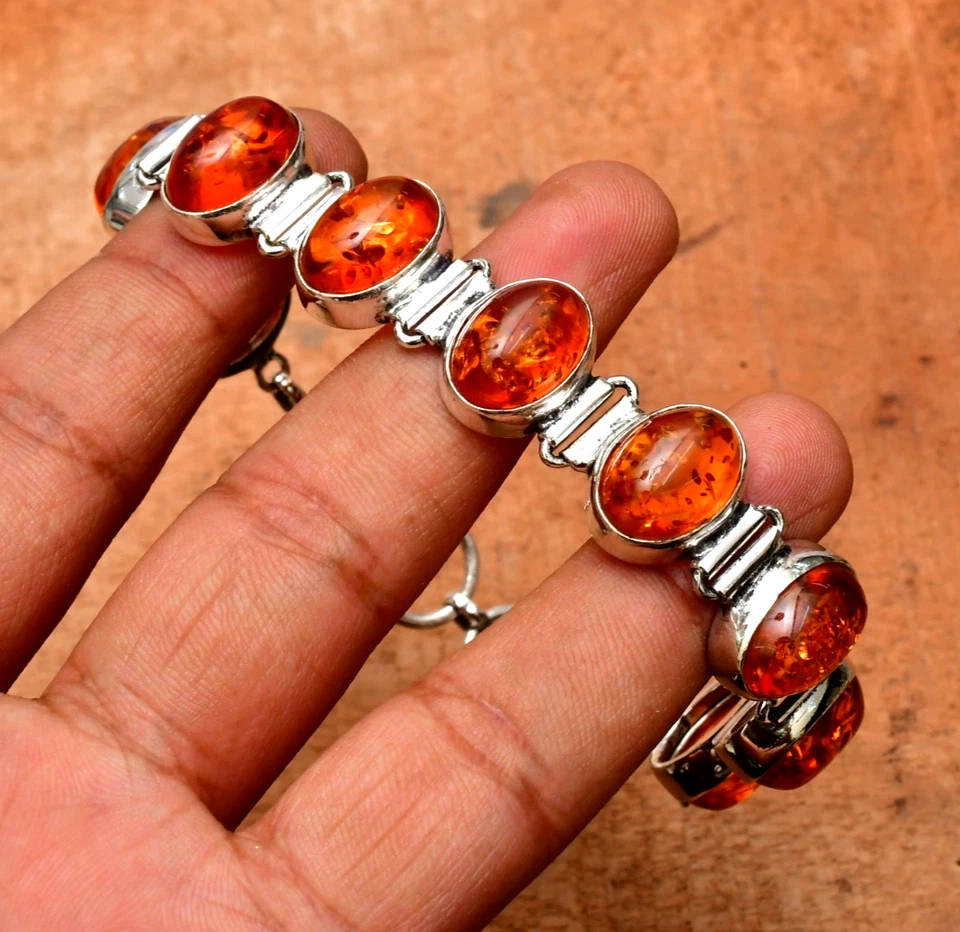 Brazalete de joyería hecha a mano de plata de ley 925 con piedras preciosas de ámbar báltico (creado en laboratorio) Foto 2 de 4