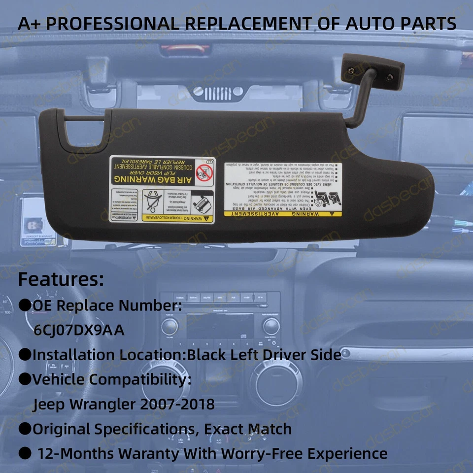 Black Left Driver Side Sun Visor wIth Mirror For Jeep Wrangler JK 2007-2018 Foto 2 de 4