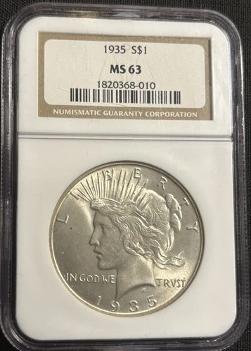 1935 "P" Peace SILVER Dollar $1 NGC MS63  Unc BU, Very Nice