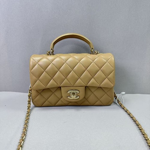 Auth Chanel Classic Flap Top Handle Crossbody Bag Beige Lambskin Gold CC-