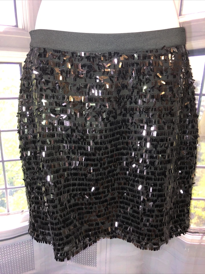 JOE Fresh XS Black SEQUIN Beaded Elastic Waist Mini Skirt - Image 2 of 4