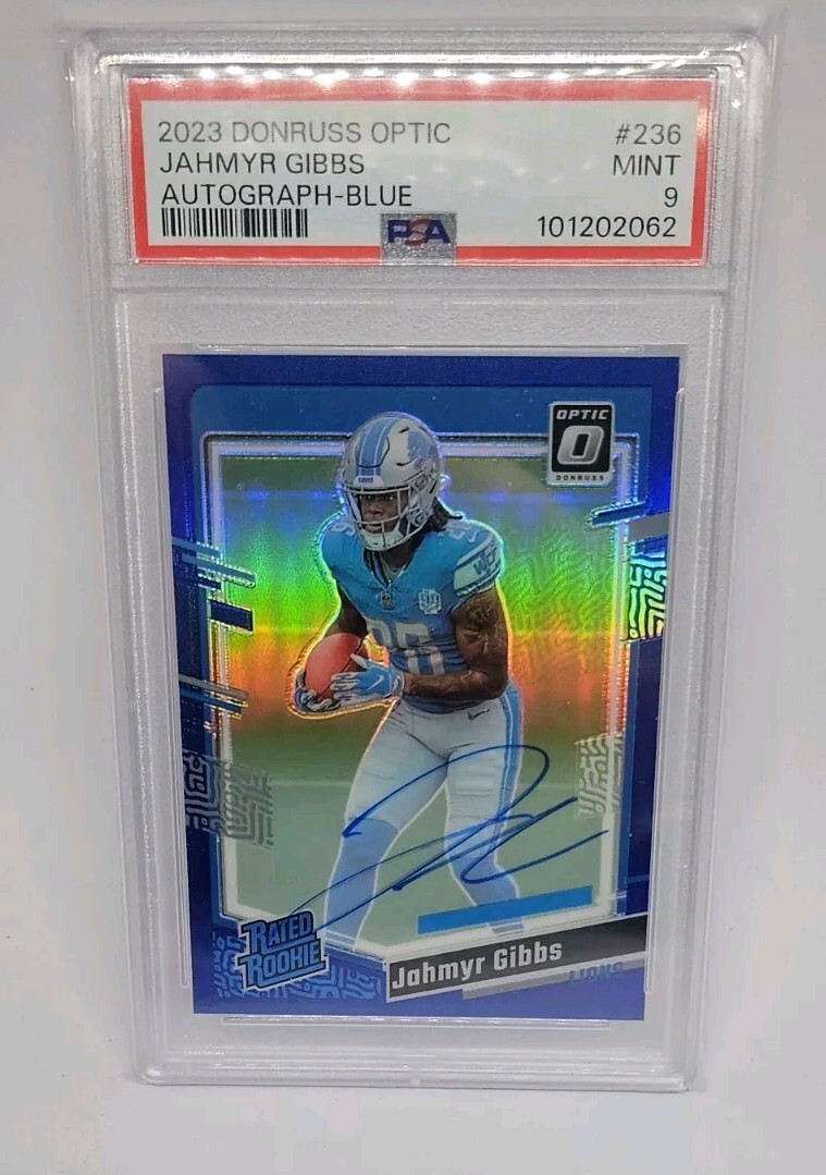 2023 Donruss Optic Blue Prizm #236 Jahmyr Gibbs RC Rookie AUTO /99 PSA 9 COLOR