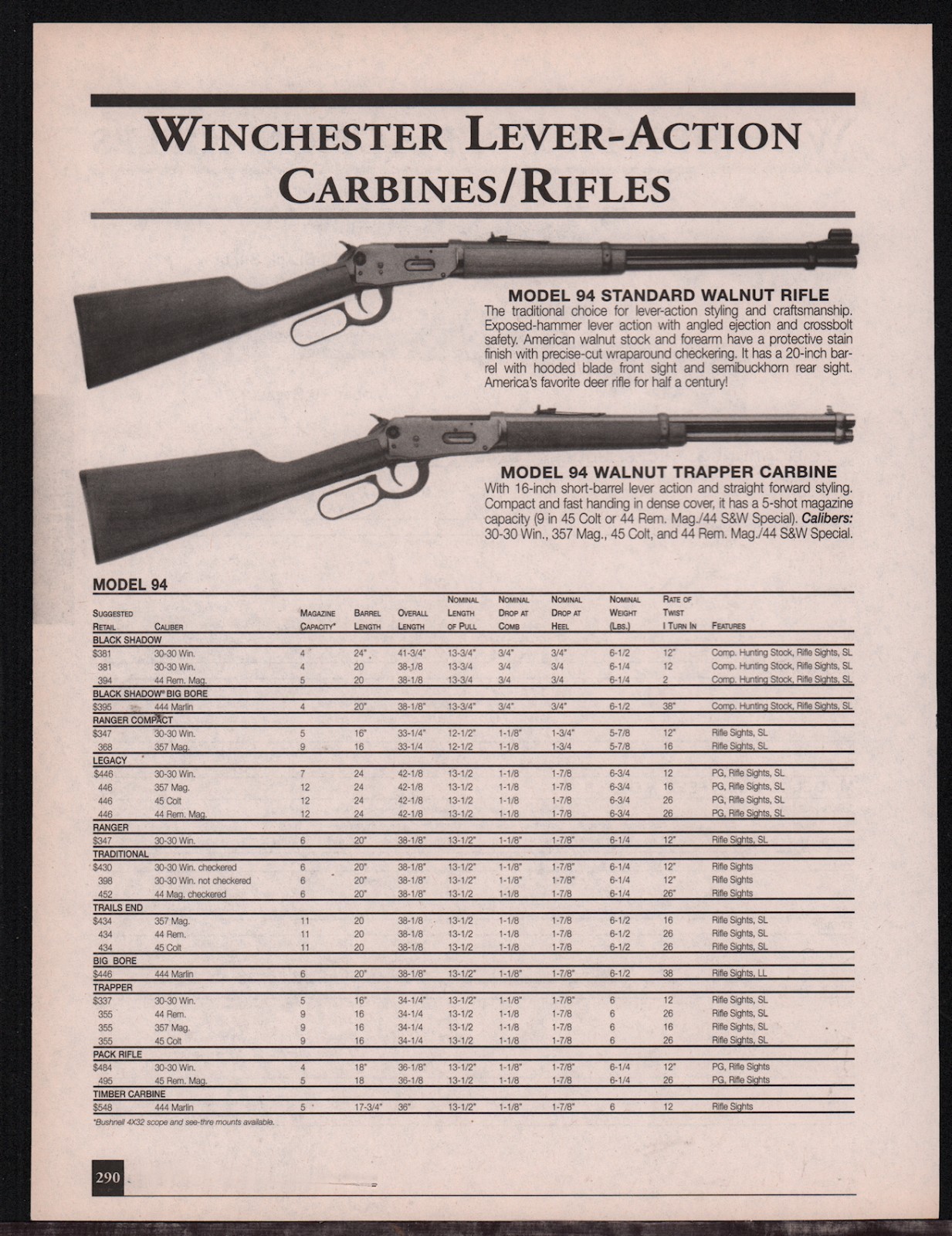 2001 WINCHESTER 94 Standard Walnut Rifle & Trapper Carbine AD