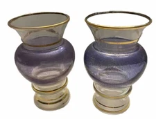 VTG 1950s Small Iridescent Purple Bartlett Collins Bud Vases Set Of 2 Gold Rims