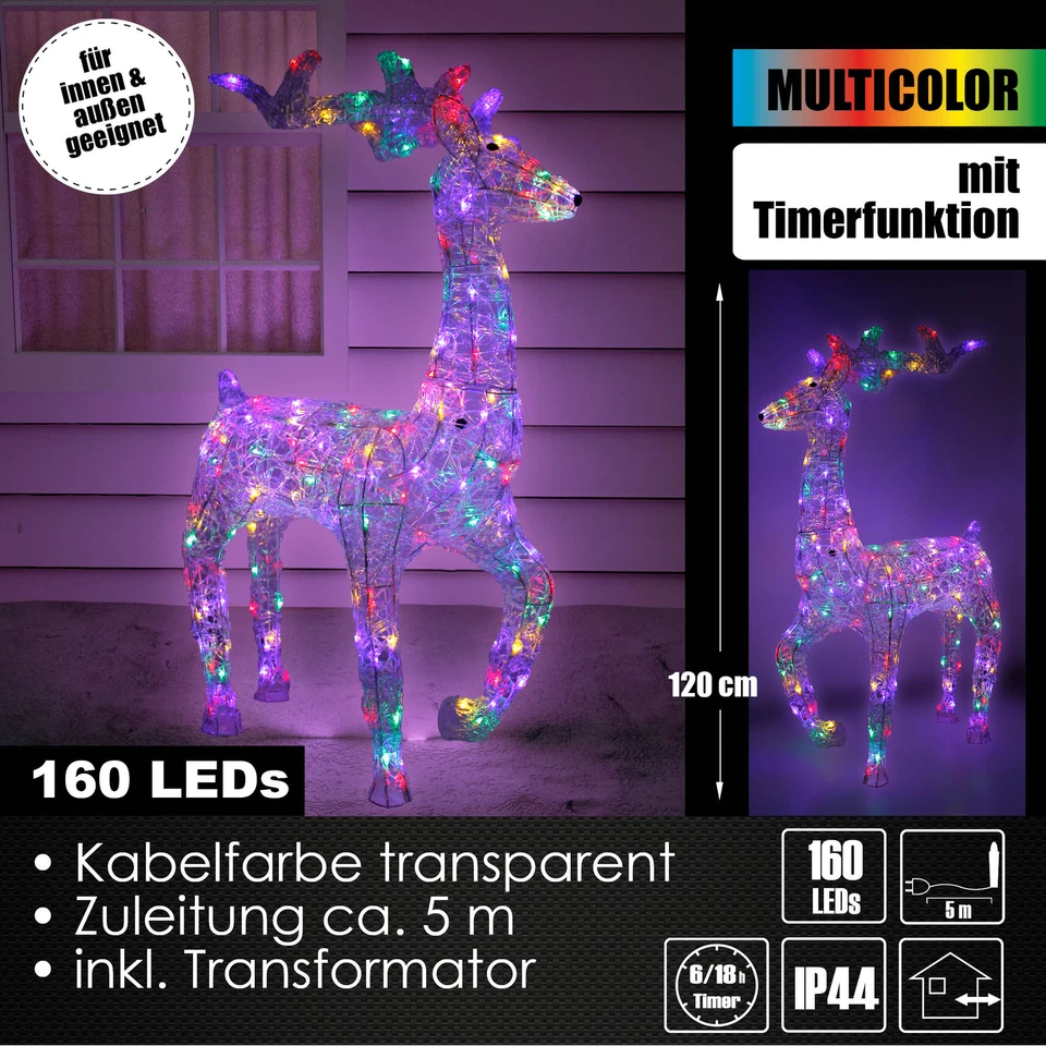 XXL LED Acryl Hirsch Weihnachtsfigur 120cm beleuchtet Weihnachtsdeko Außen/Innen - Bild 4 von 4