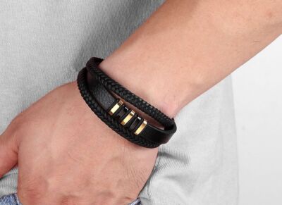Three Layer Black Leather Bracelets Men Stainless Steel Magnetic