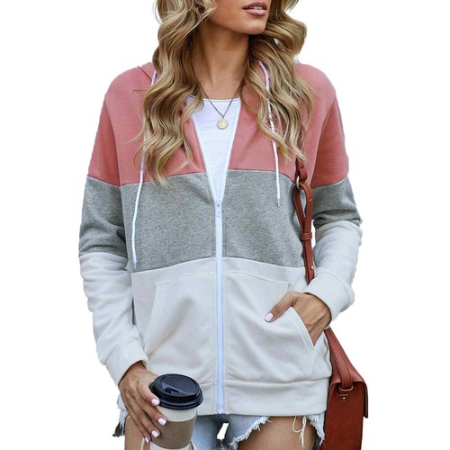 PINK GRAU WEISS REISSVERSCHLUSS FARBBLOCK KORDELZUG HOODIE GRÖSSE XL (16-18) - Bild 3 von 13