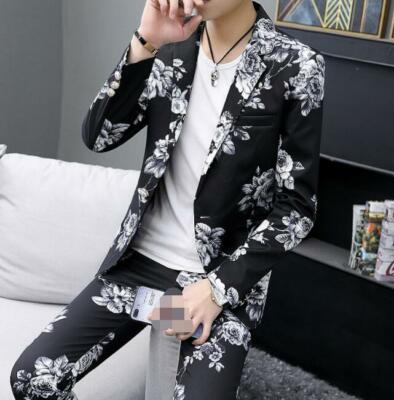 Men's Fashion Blazer Pants Suit Flowers Colorful Night Party Host Slim Fit Set
