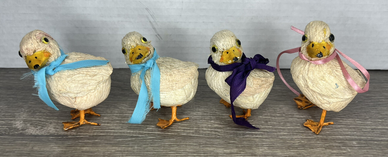 Vintage Lot Of 4 Easter Paper Mache Chicks/Chickens Decorations/Decor