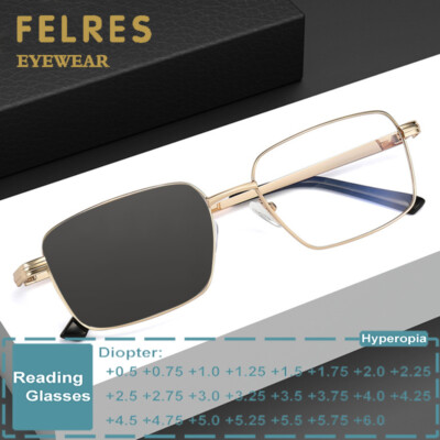 Men Metal Square Photochromic Reading Glasses Classic Full Frame Sunglasses Hot