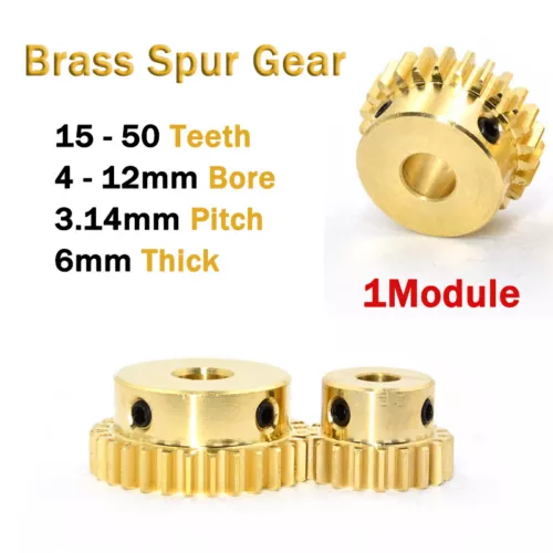 Brass Spur Gear with Hub 1Module 15-50 Teeth 3.14mm Pitch 4-12mm Bore Motor Gear