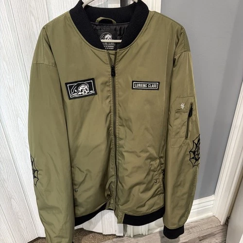 Lurking Class by Sketchy Tank Bomber Jacket Green Skull Patches Men's XXL video thumbnail