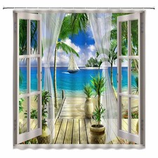 Beach Ocean View Shower Curtain Tropical Green Palm Trees Island Summer Seasi...