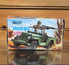 Vintage 3.5" Silver Chrome Sparking Jeep Wind up Toy Made in Japan