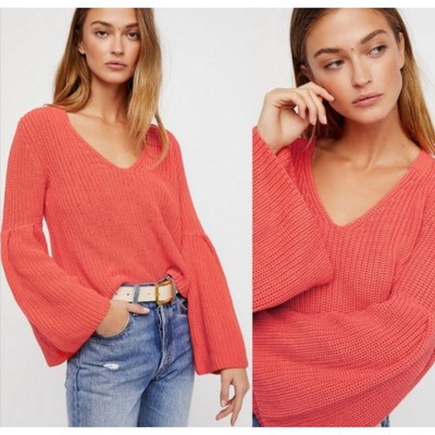Free People Damsel Cable Knit Pullover V-Nack Sweater in Coral