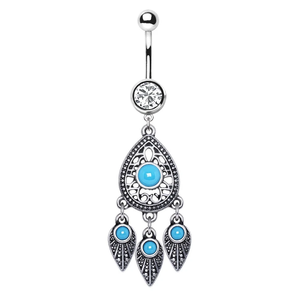 316L Stainless Steel Turquoise Teardrop and Feather Dangle Navel Ring - Image 2 of 3