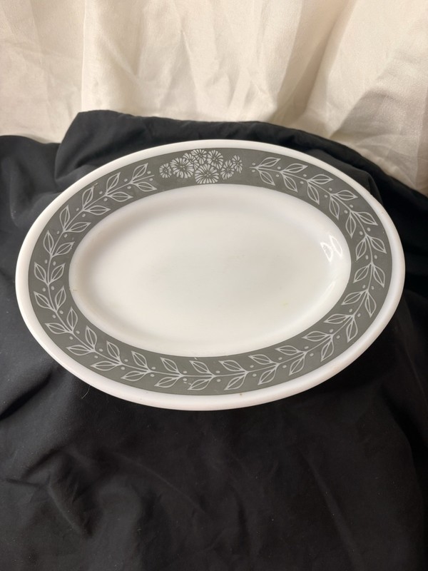 Corning White Gray Pottery Milk Glass Oval Dish Leaf Border Glossy Finish USA
