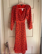 Ann Taylor Red Black Hearts Midi Wrap Dress with Bishop Sleeves