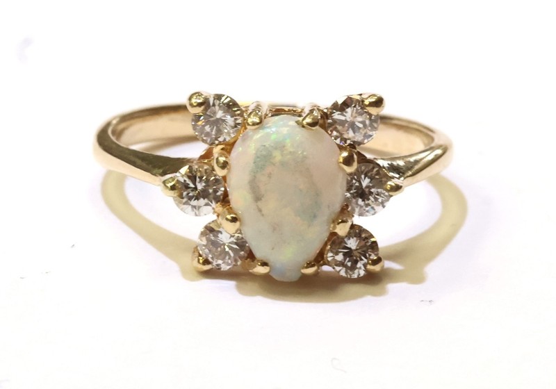 14k yellow gold Natural opal diamond .48CT SI2 H gemstone ring 3.0g estate 6.5