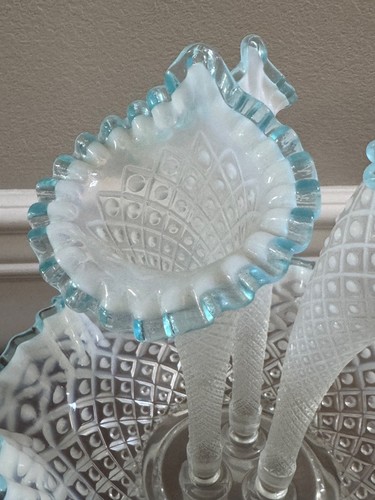 VINTAGE FENTON HOBNAIL FRENCH OPALESCENT AQUA CREST DIAMOND LACE PATTERN EPERGNE - Picture 14 of 17