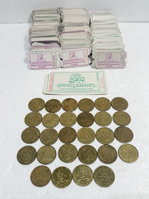 Chuck E. Cheese Lot of 28 Tokens, 750+ Prize Tickets, 150 Ticket Coupon