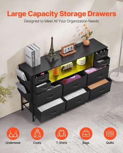 10 Fabric Drawer Dresser with Open Storage Shelf LED Lights & Outlet Black - Picture 3 of 12