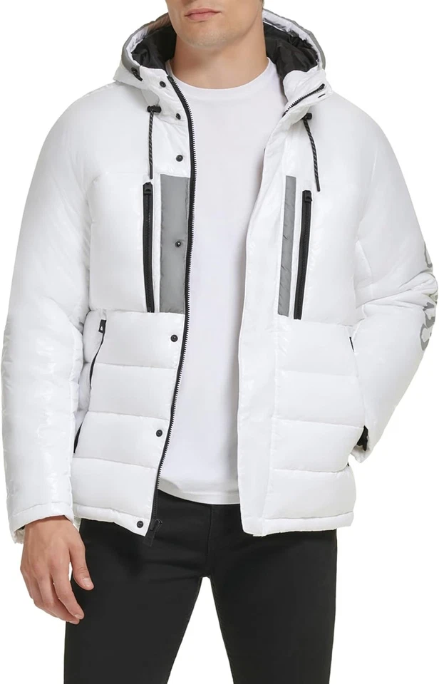 GUESS Puffer Jacket Men XL Logo Sleeve Hooded Insulated Shiny White Coat, NWT - Image 2 of 4