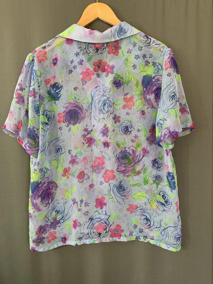 Blusa Haband Abotonada De Colección Grande Colorida Floral Transparente Casa de Campo Femenina Años 80 Foto 4 de 4
