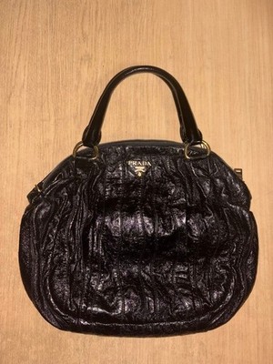 Prada Black Gathered Leather Handbag Excellent From Japan
