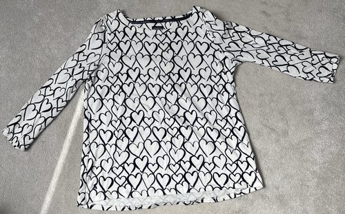 Joules - Ladies White Long Sleeved Top with Navy Blue Heart Print (Size 14) NWT