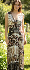 DAVID HOUSE Dress Size 8 Brown White Midi V-Neck Party Function Cruise Travel