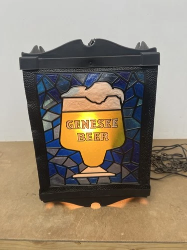 Vintage Genesee Beer Light Up Stained Glass Style Bar Sign Hanging Lamp Display