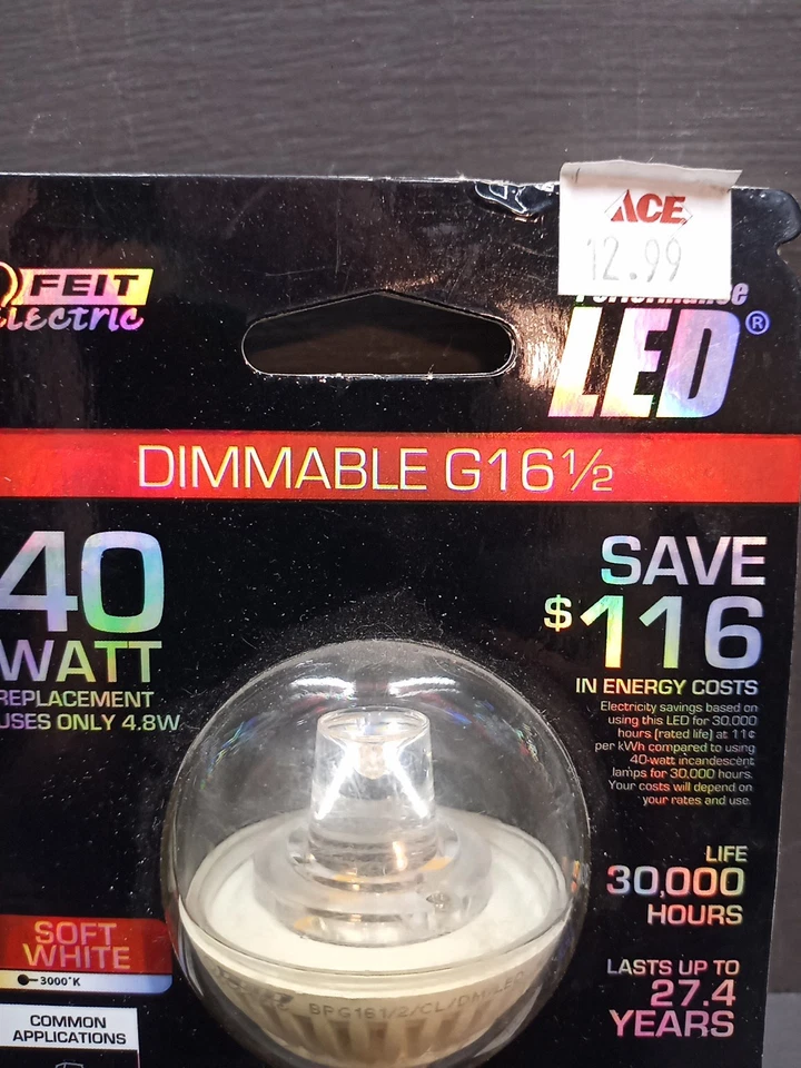 Feit Electric Dimmable G16 1/2 40Watt Replacement Bulb Soft White New In Package - Image 2 of 4