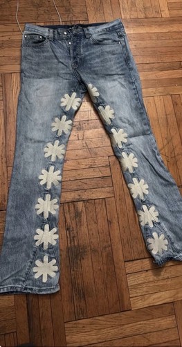 Lost Shadows Jeans Blue Denim Flared Jeans Embroidered Floral Flower 30