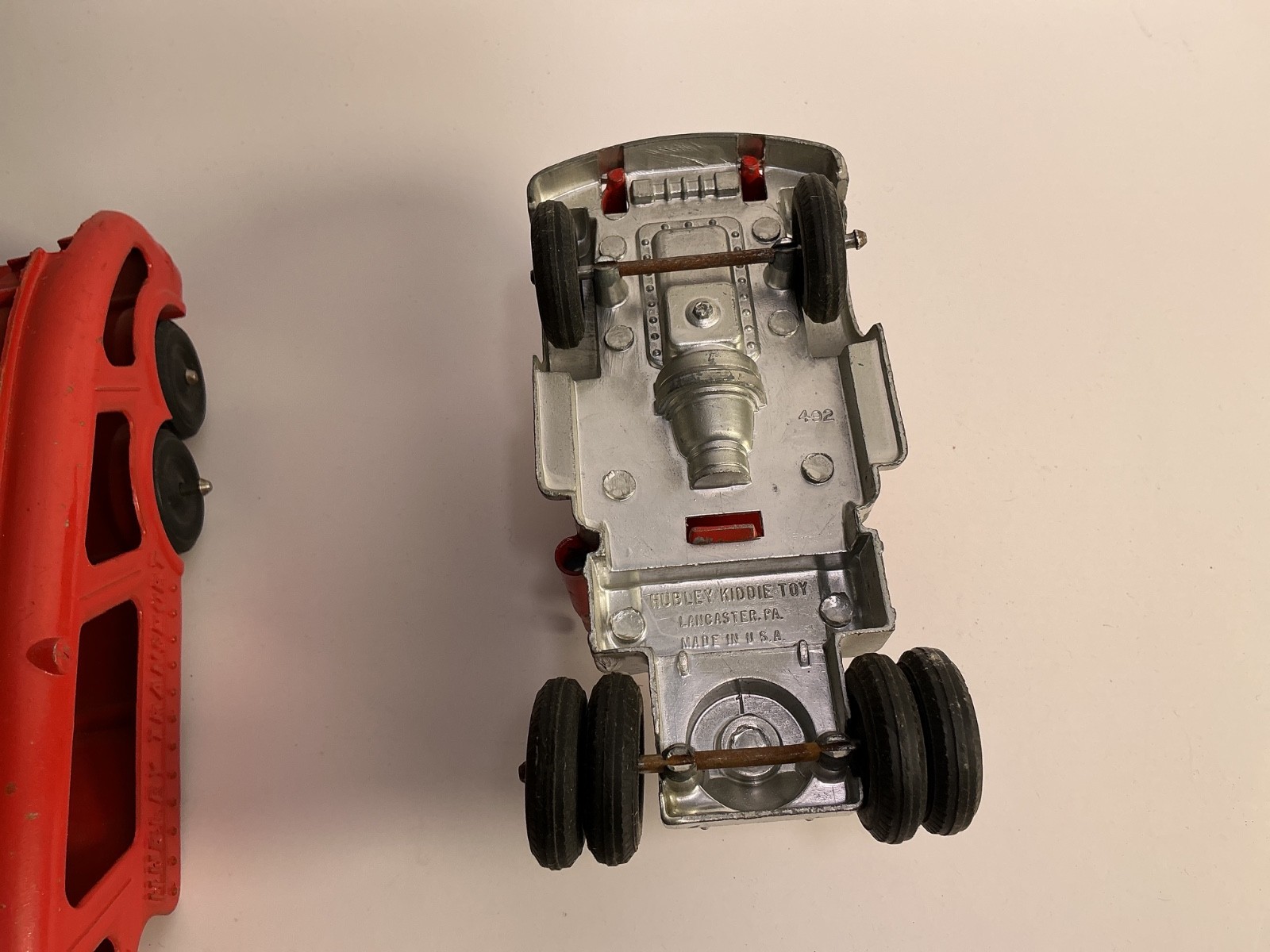 Vintage Hubley Kiddie Red Metal Comp Transport Diesel Truck, Trailer, Ramp, Cars thumbnail 16