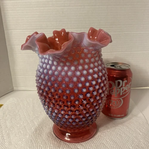 FENTON VASE CRANBERRY OPALESCENT HOBNAIL RUFFLED TOP 8” TALL