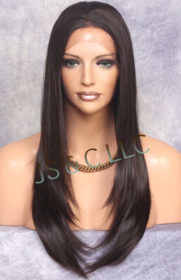 Human hair blend Full Lace Front Wig Layered Straight Heat OK Dk Brown 4 WBDA
