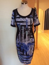 Picadilly Dress Size XS (10) BNWT Black White Blue Shaped Panel RRP £120 Now £54