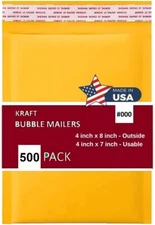 500 PC #000 4x8 Kraft Bubble Envelopes Yellow Padded Shipping Self Seal Mailers