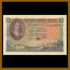 South Africa 5 Pounds, 5.23.1956 P-97c Jan van Riebeek Lion Sailing Ship VF