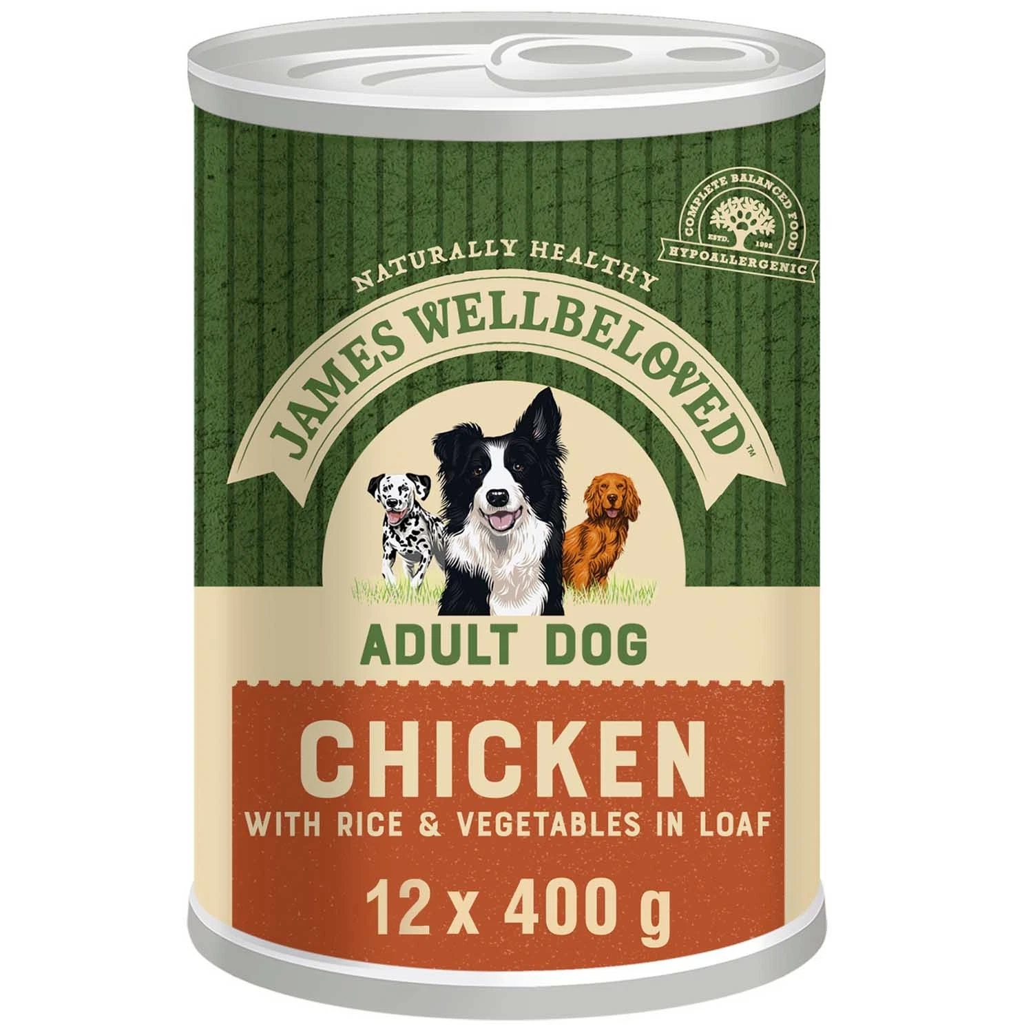 12 x 400g James Wellbeloved Adult Wet Dog Food Tins Chicken & Rice In Loaf