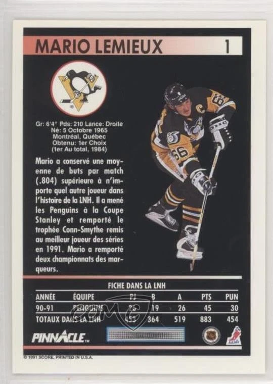 1991-92 Pinnacle French Mario Lemieux #1 HOF - Image 2 of 2