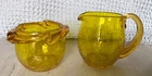 Blenko Yellow Crackle Glass Sugar Creamer Set-Uranium- Glows Under Black Light