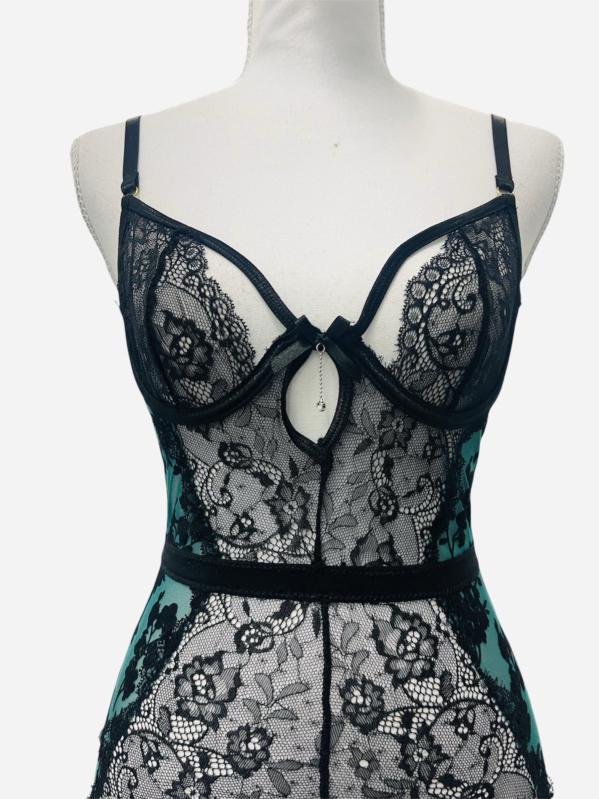 Seven Til Midnight Black Green Floral Garter Chemise Lingerie Mesh Sexy Bustier