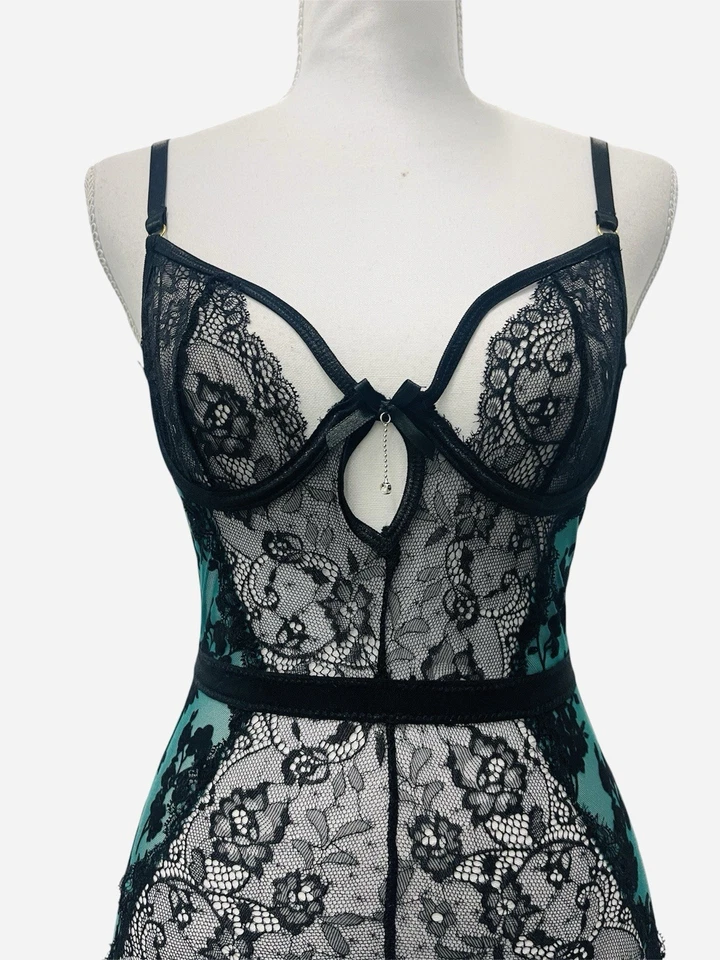 Seven Til Midnight Black Green Floral Garter Chemise Lingerie Mesh Sexy Bustier - Image 2 of 4