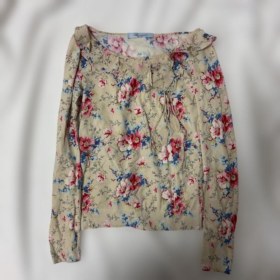 Blumarine Floral Cutout Top with Silk Brooch, Size M